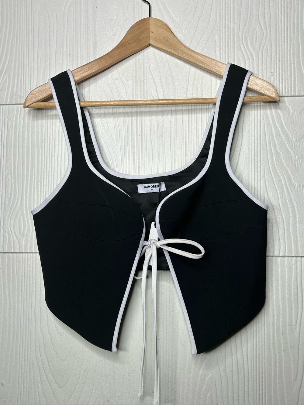Rumored Black Crop Corset Tank with White Trim Tie Front